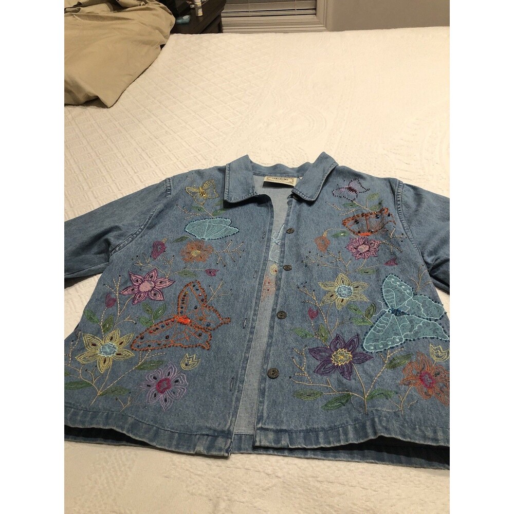 Tantrums Denim Women’s Embroidered Jacket Cottage Floral Butterfly Fairy  Size M